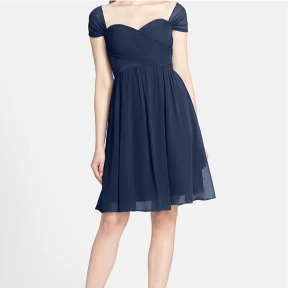 NAVY Blue Chiffon A-line Cap Sleeves Knee Length evening Dress - Picture 1 of 9